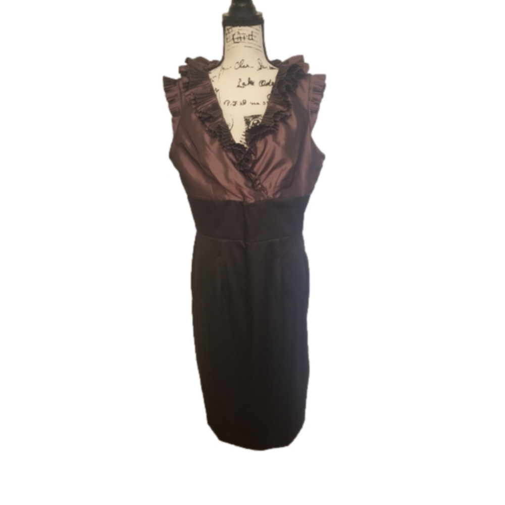London Times | Metalic Grape Bodice Ruffle Neck Black Skirt Cocktail Dress - 14